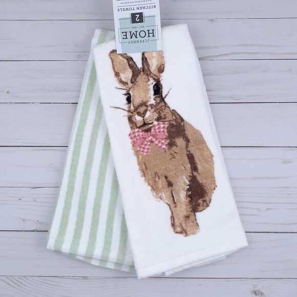 Terry Cloth Kitchen Towels Easter Bunny Stripes Set of 2 - Picture 1 of 4